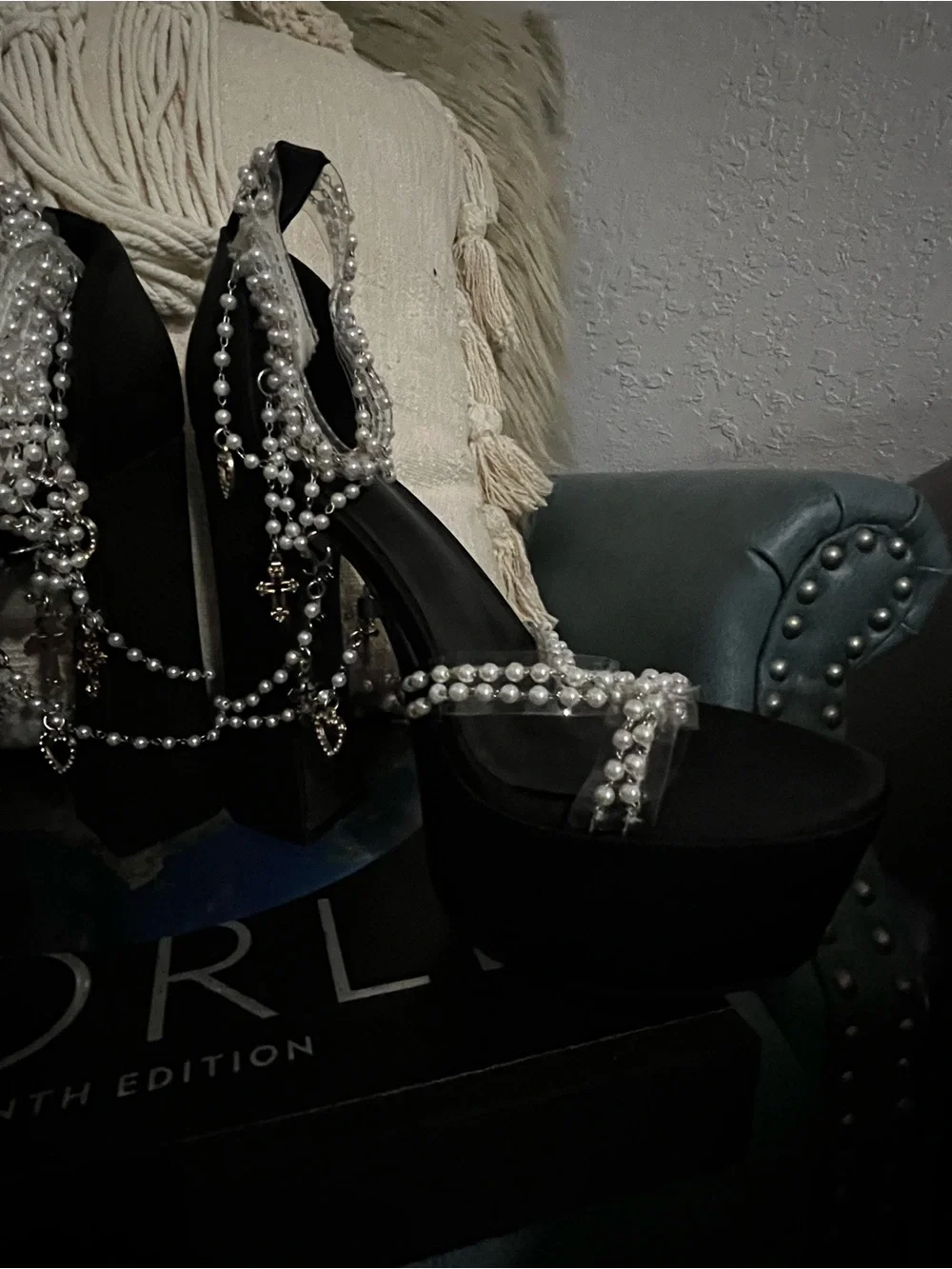 Black Pearl-Embellished Platform Heels